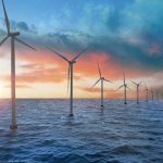 Floating wind turbines installed in sea. Alternative energy source