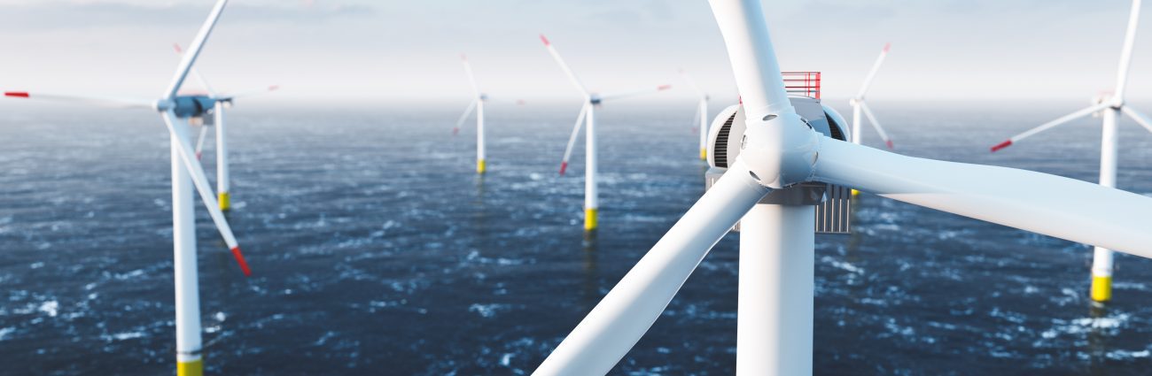 Offshore wind power and energy farm with many wind turbines on the ocean